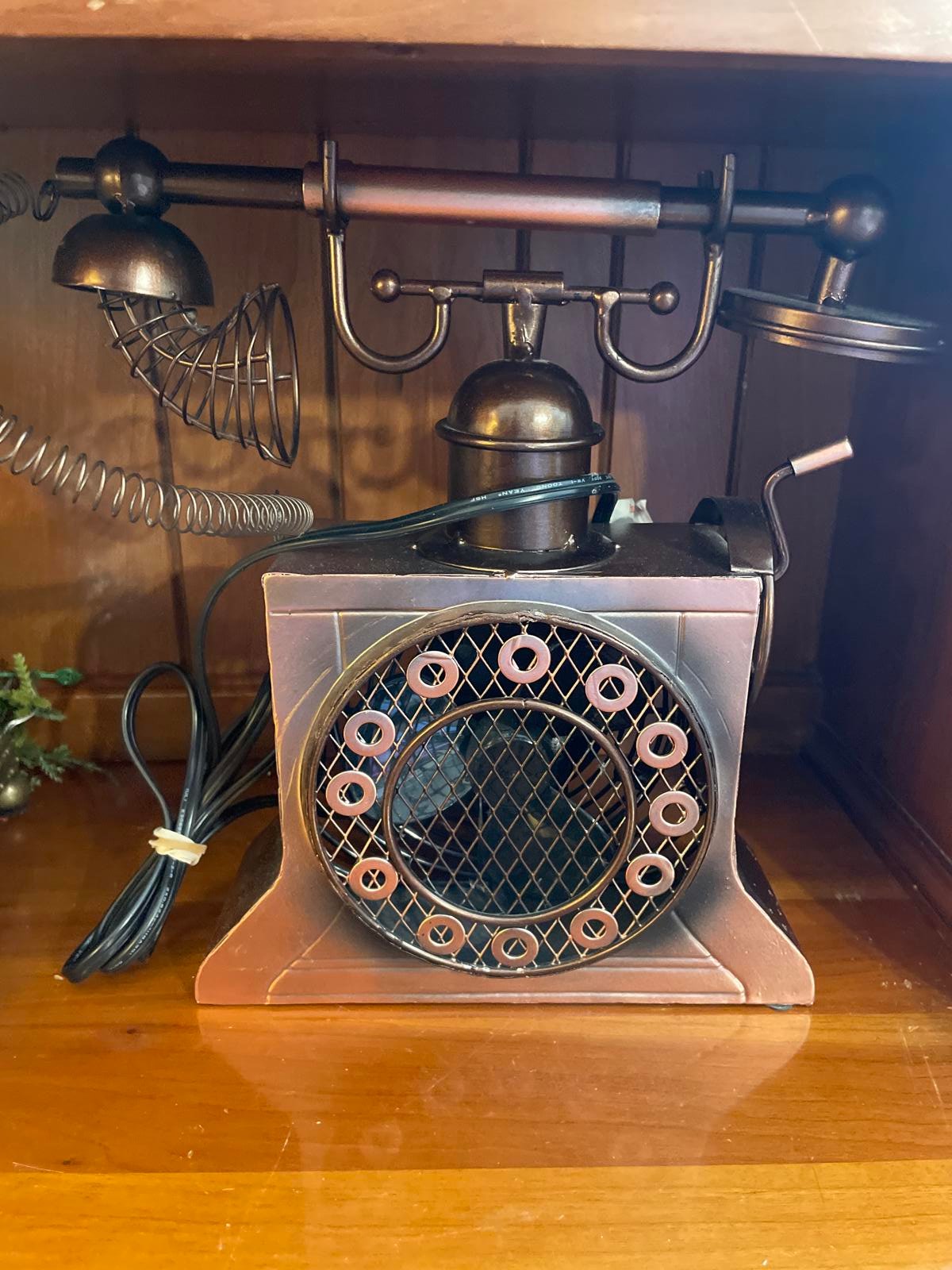 Antique Copper Phone Small Hand Painted Metal Figurine Table Fan