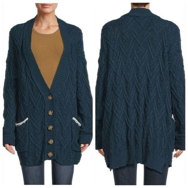 Free People Sweater Womens Sz S Montana Cable Cardigan Cotton Blend oversized