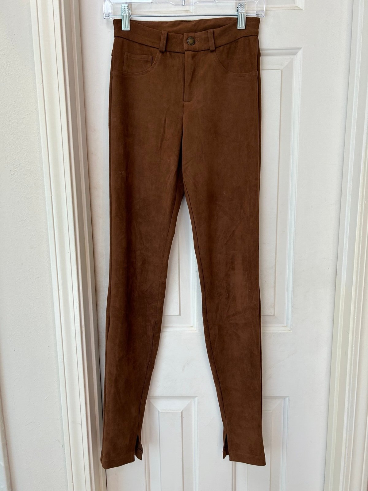 Hale Bob Faux Suede Leather Pants, Rich Cognac Color, Zip Front Belt Loops, Sz S