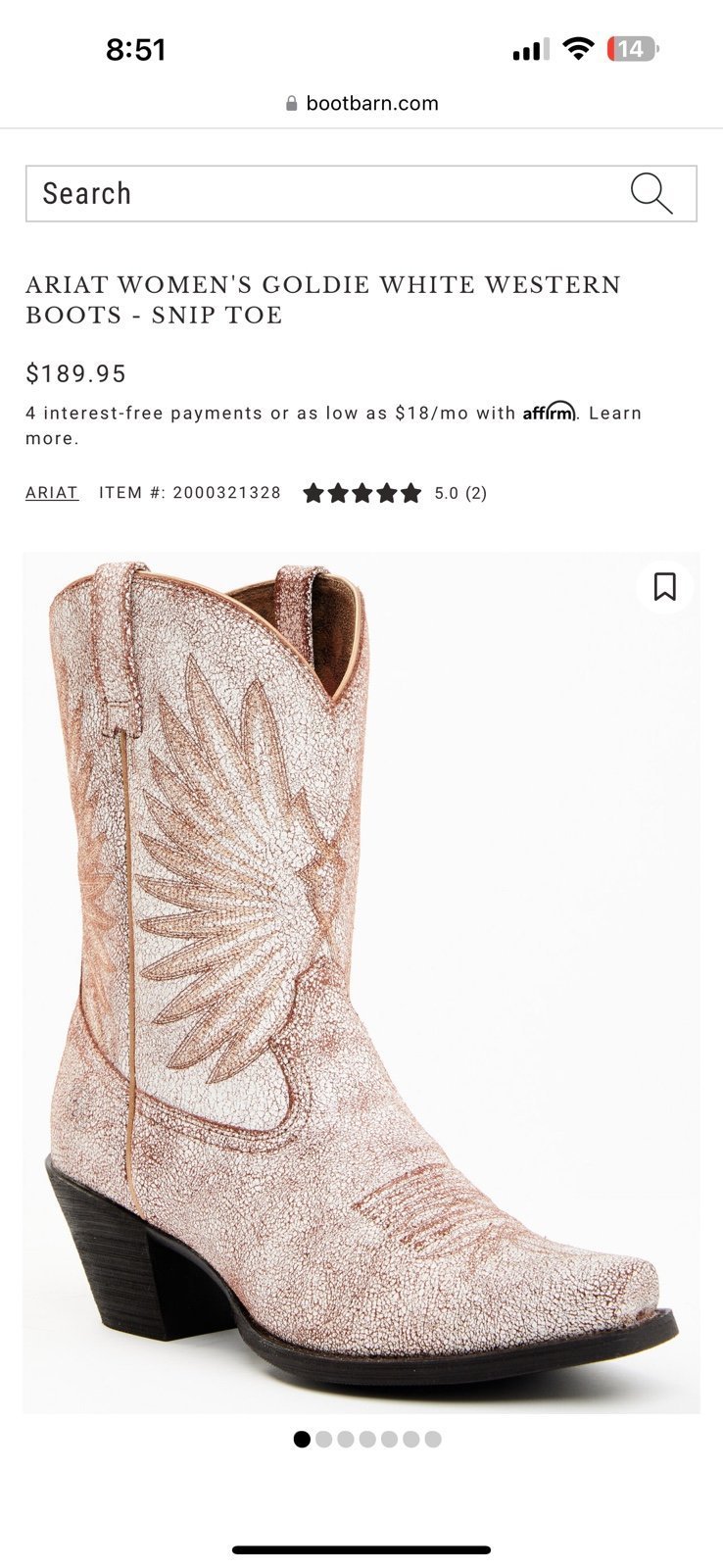 ARIAT WOMEN'S GOLDIE WHITE WESTERN BOOTS - SNIP TOE