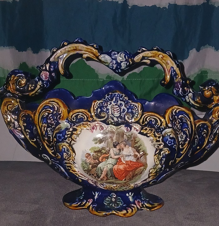 Antique Cobalt Blue Majolica Centerpiece Basket