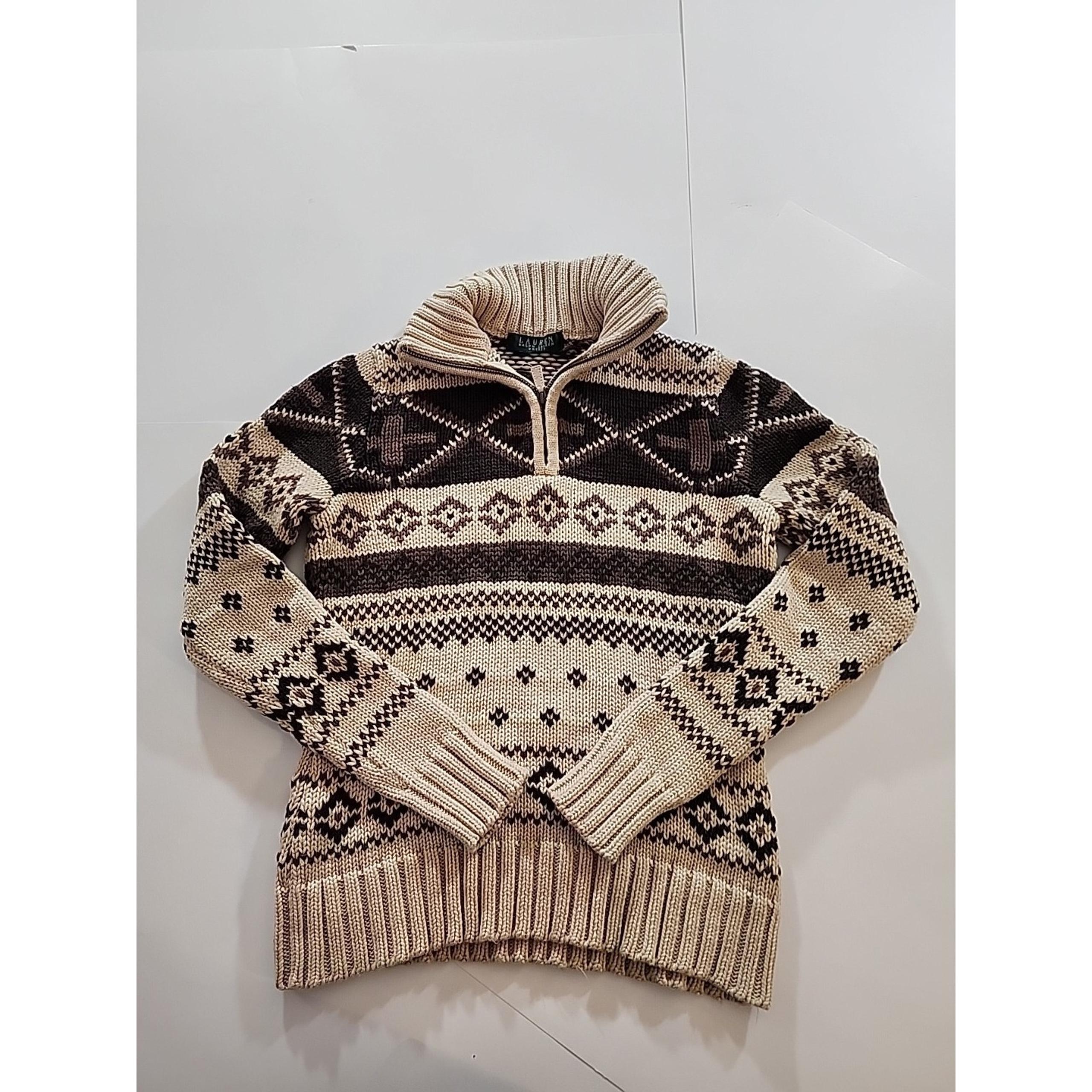 Ralph Lauren Fair Isle Cotton Sweater Womens SZ PS Tan Brown Quarter Zip Aztec