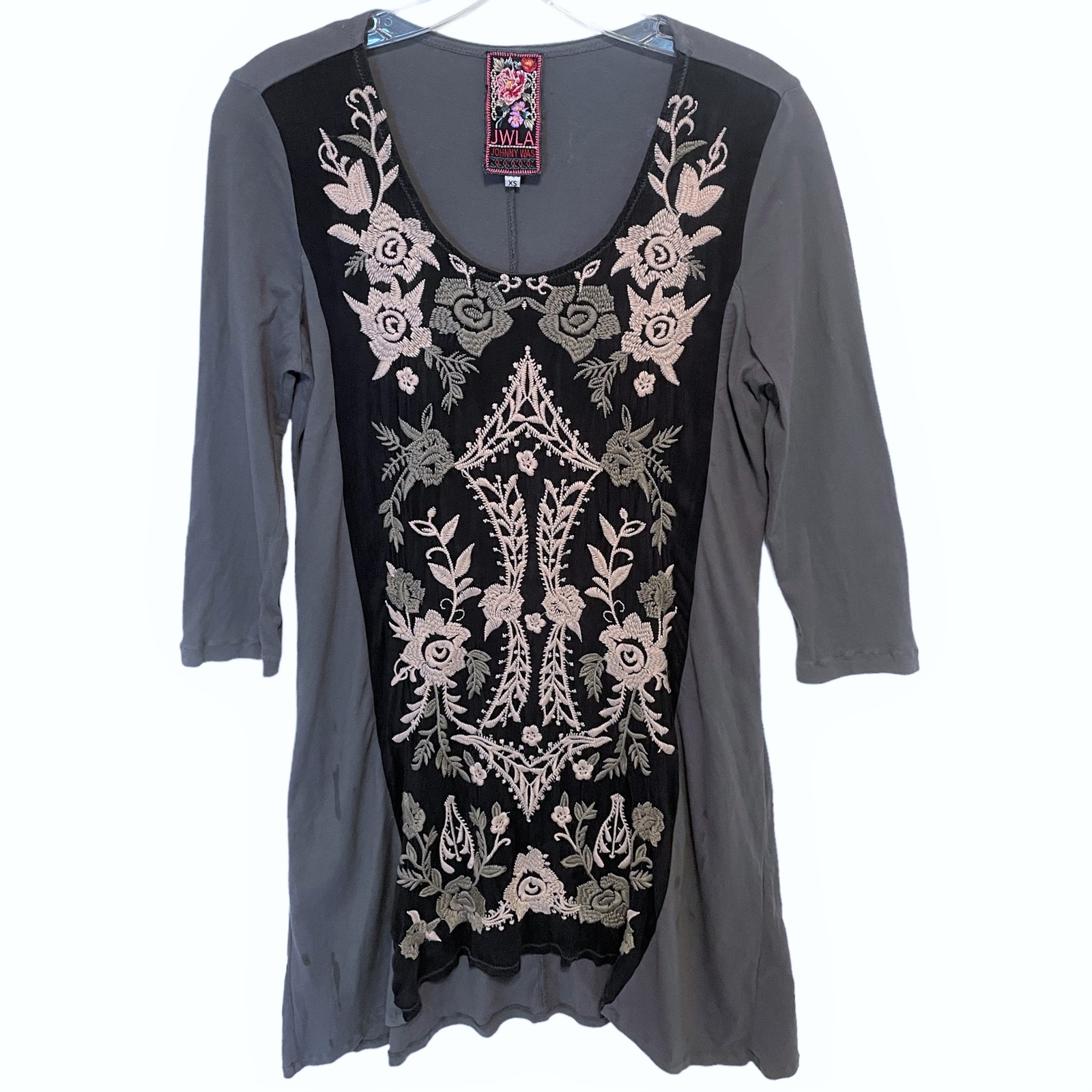 Johnny Was JWLA Nova Geo Floral Embroidered Panel Tunic Womens XS Boho Gray Top