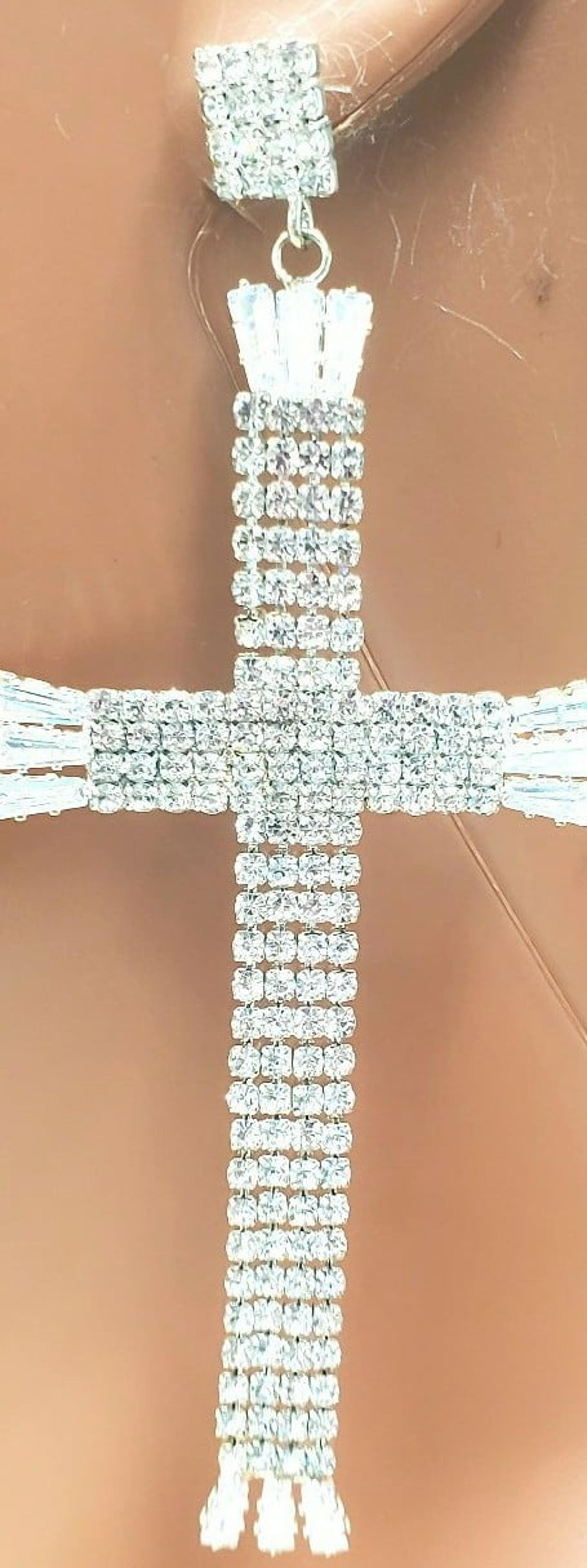 Silver Rhinestone Cross Dangle Earrings