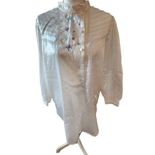 Vintage 80s Jodie Arden Long Sleeve Lace Pleated Nightgown L White Satin