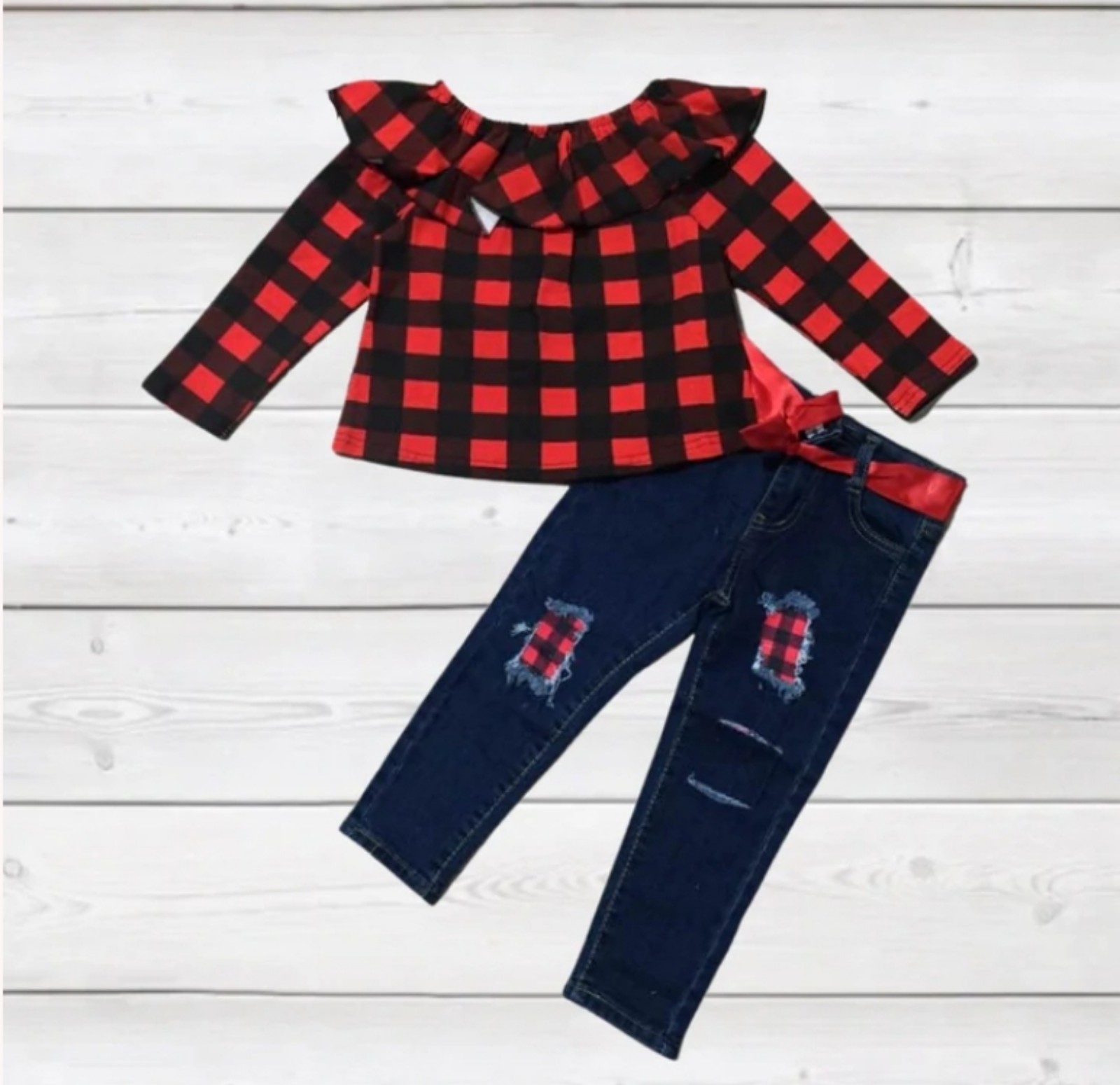 2 piece red Buffalo plaid off shoulder top & matching peekaboo jeans 8/9 NWT