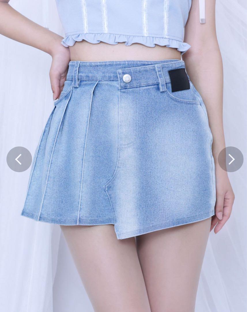 EATME New, Unused Asymmetric Pleated Mini Denim Skirt