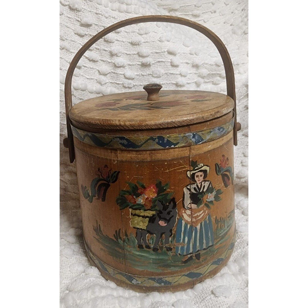 VINTAGE Farmhouse Aged Wood Handled BUCKET HandPainted ANTIQUE 8.5 Diameter GuC