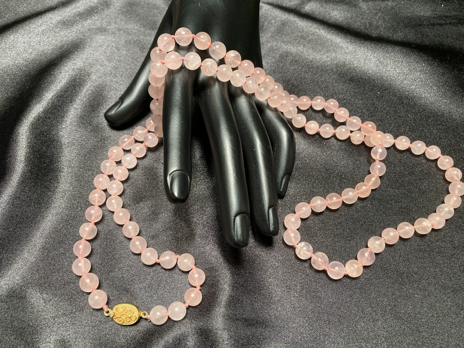 Beautiful Pink Rose Quartz 38 Long Bead Necklace Silver Filigree Clasp Vintage