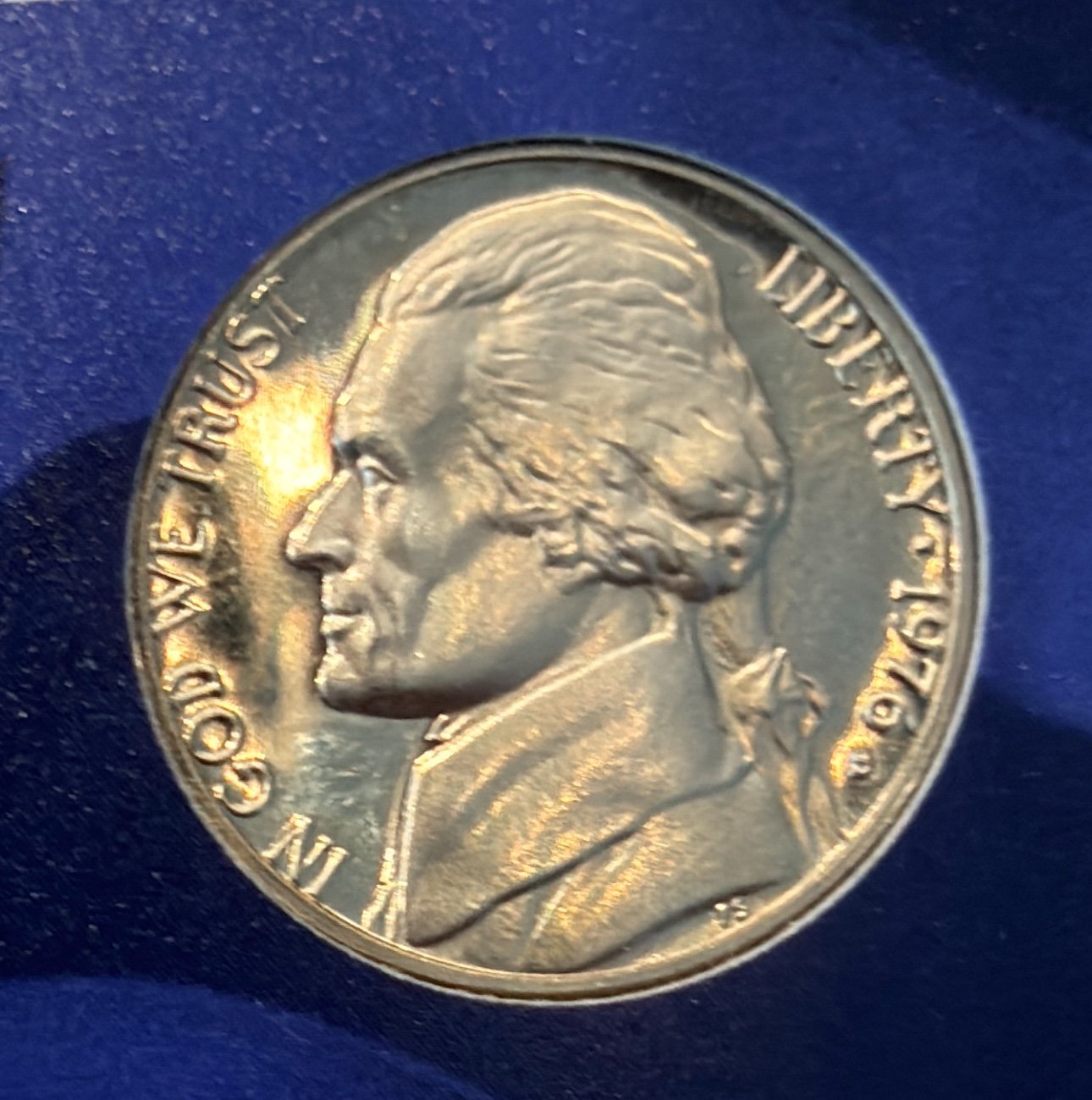 1976 S USA Jefferson Nickel, 5 Cent, Error Coin, Filled in Mint Mark