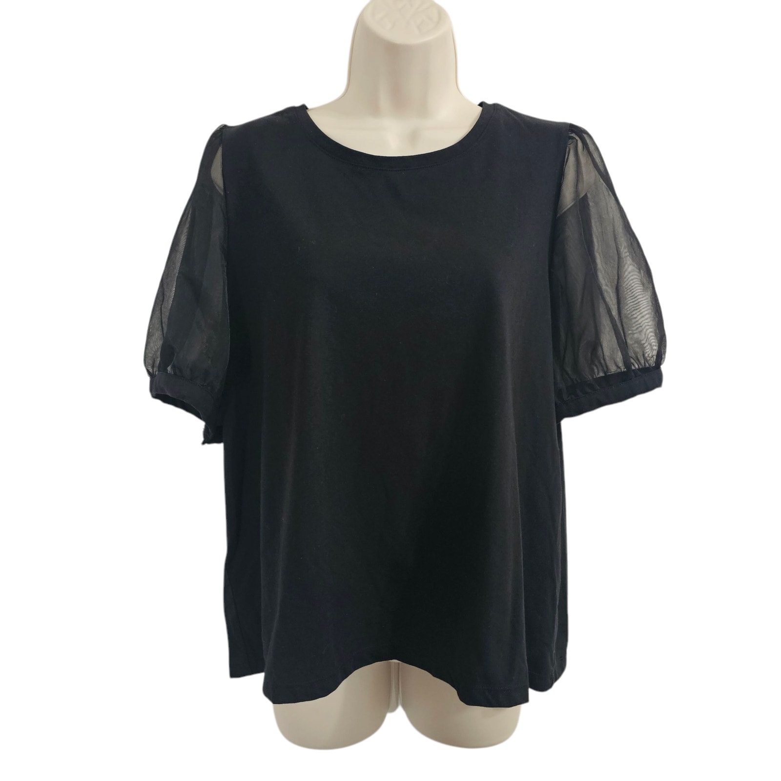 MADEWELL Sheer-Sleeve Knit Top in True Black Size XL