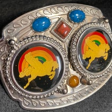 Vintage double coin bucking bronco polished gemstones western belt buckle