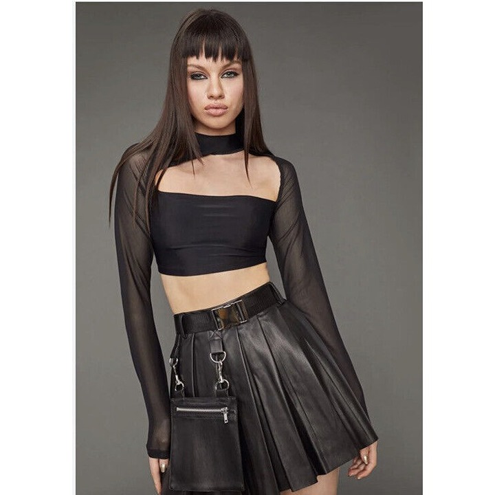 Poster Girls Dolls Kill Woman's Sz XL Black Open Front Crop Mesh Sleeve Top NWT