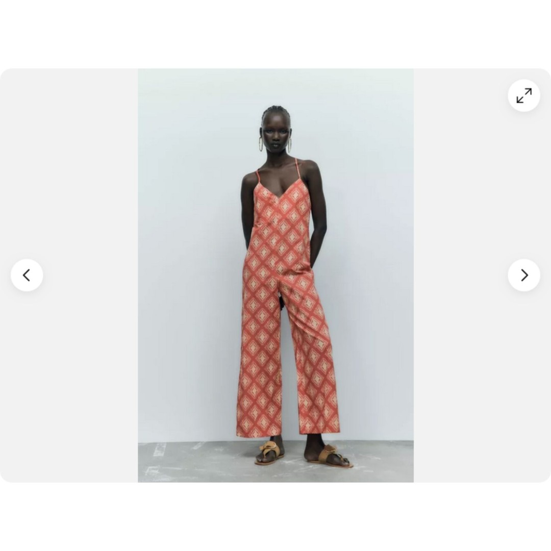 Zara Red Terracotta Printed V-Neck Wide-Leg Open Back Long Pants Jumpsuit (NWT)