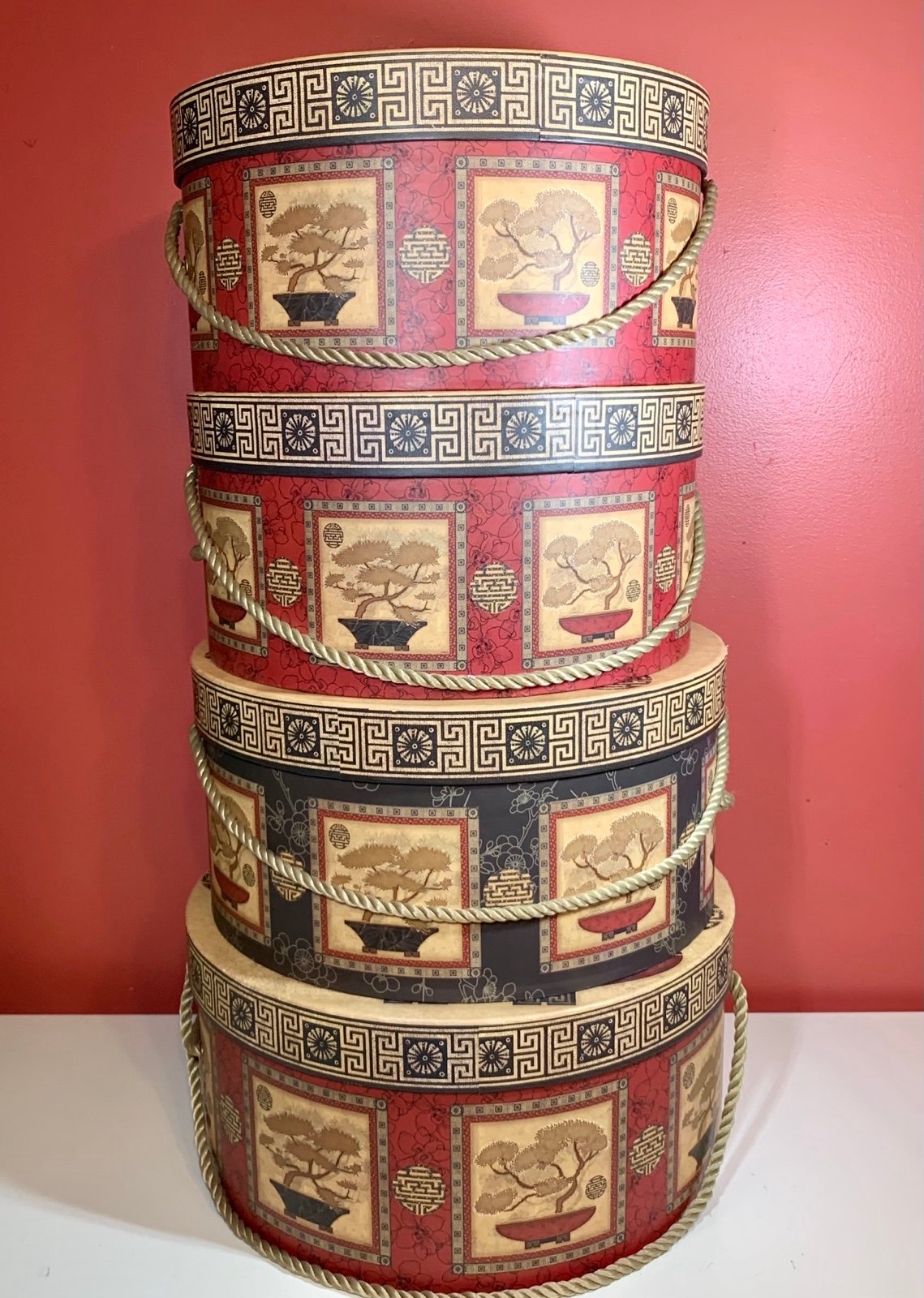 Vintage Set of 4 Round Tri-Coastal Design Nesting Hat Boxes with Asian Design