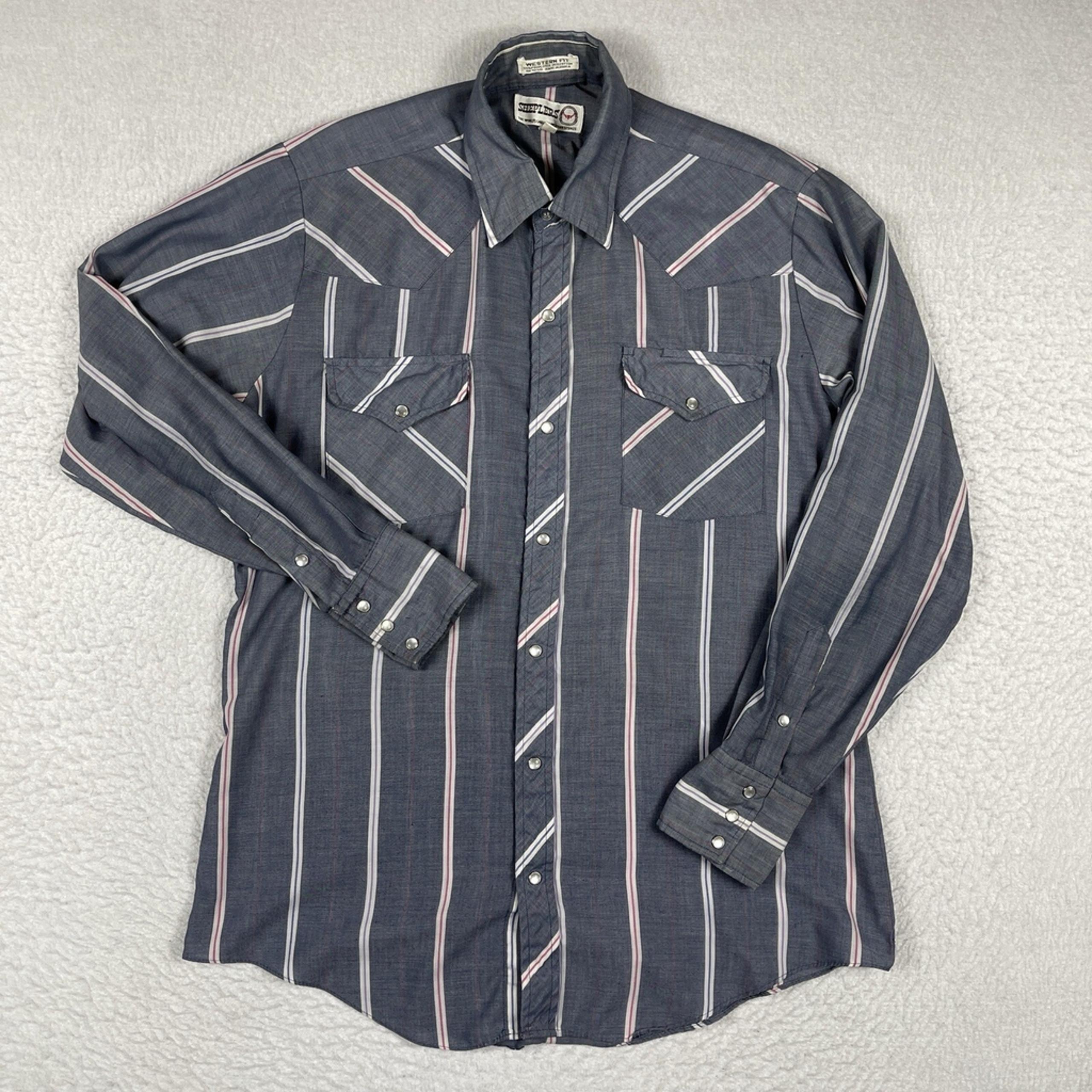 Sheplers Shirt Mens Medium Blue Striped Western Pearl Snap Vintage Cowboy Casual
