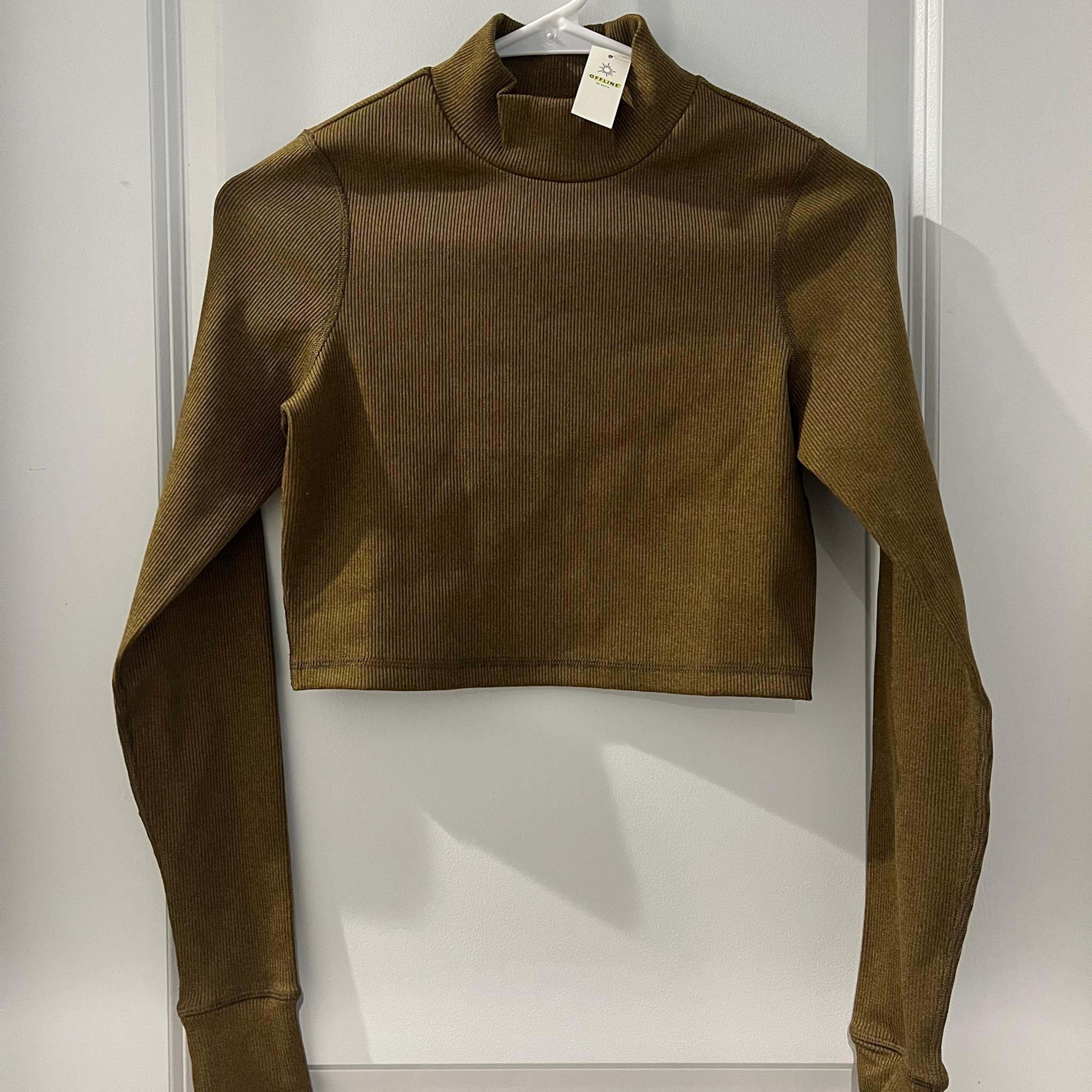 Aerie Khaki Olive Green Ribbed Mock Neck Crop Top with Thumb Holes