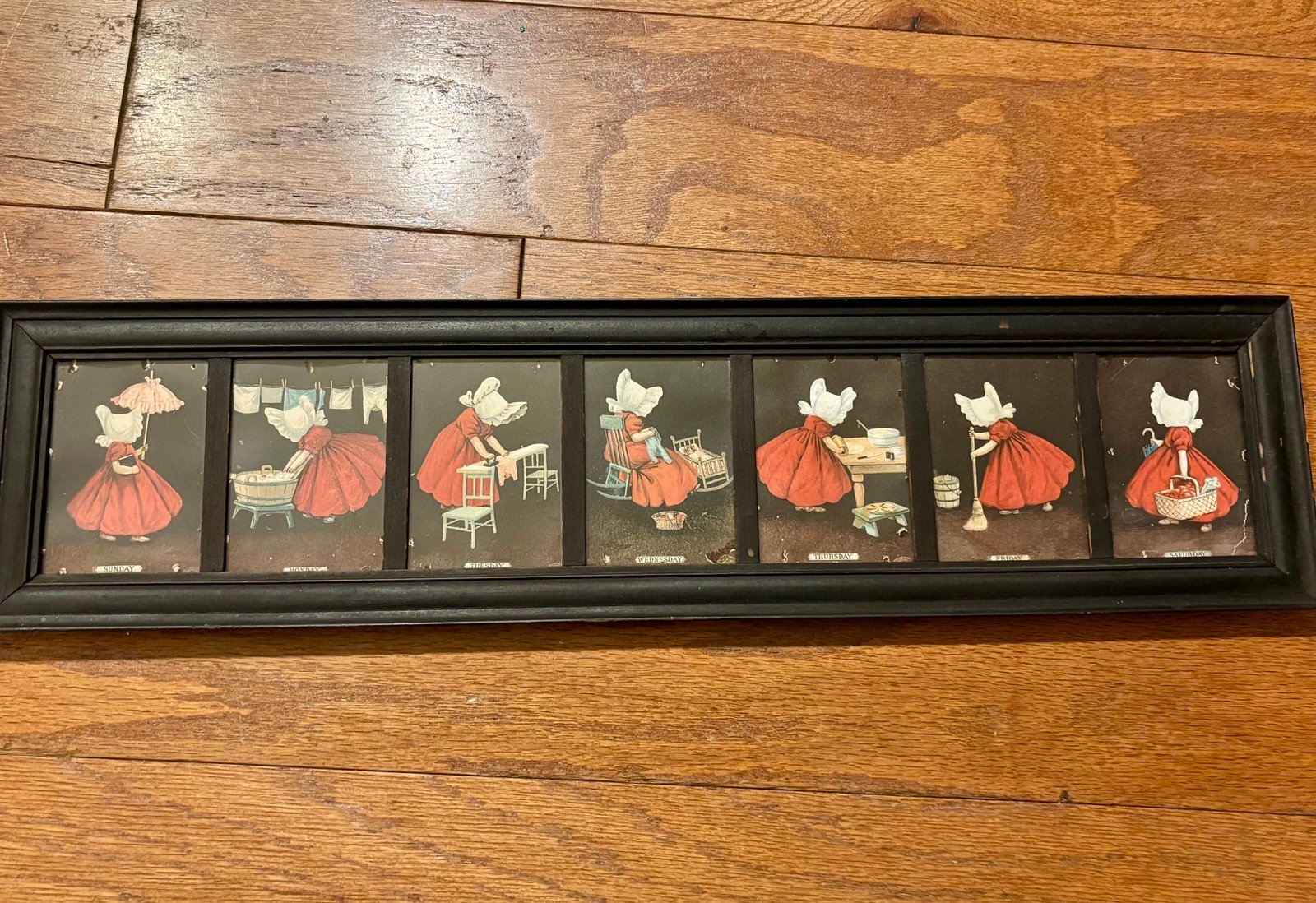 Framed Antique 1906-07 Sunbonnet Post Card Days of the Week Lot of 7 (complete)