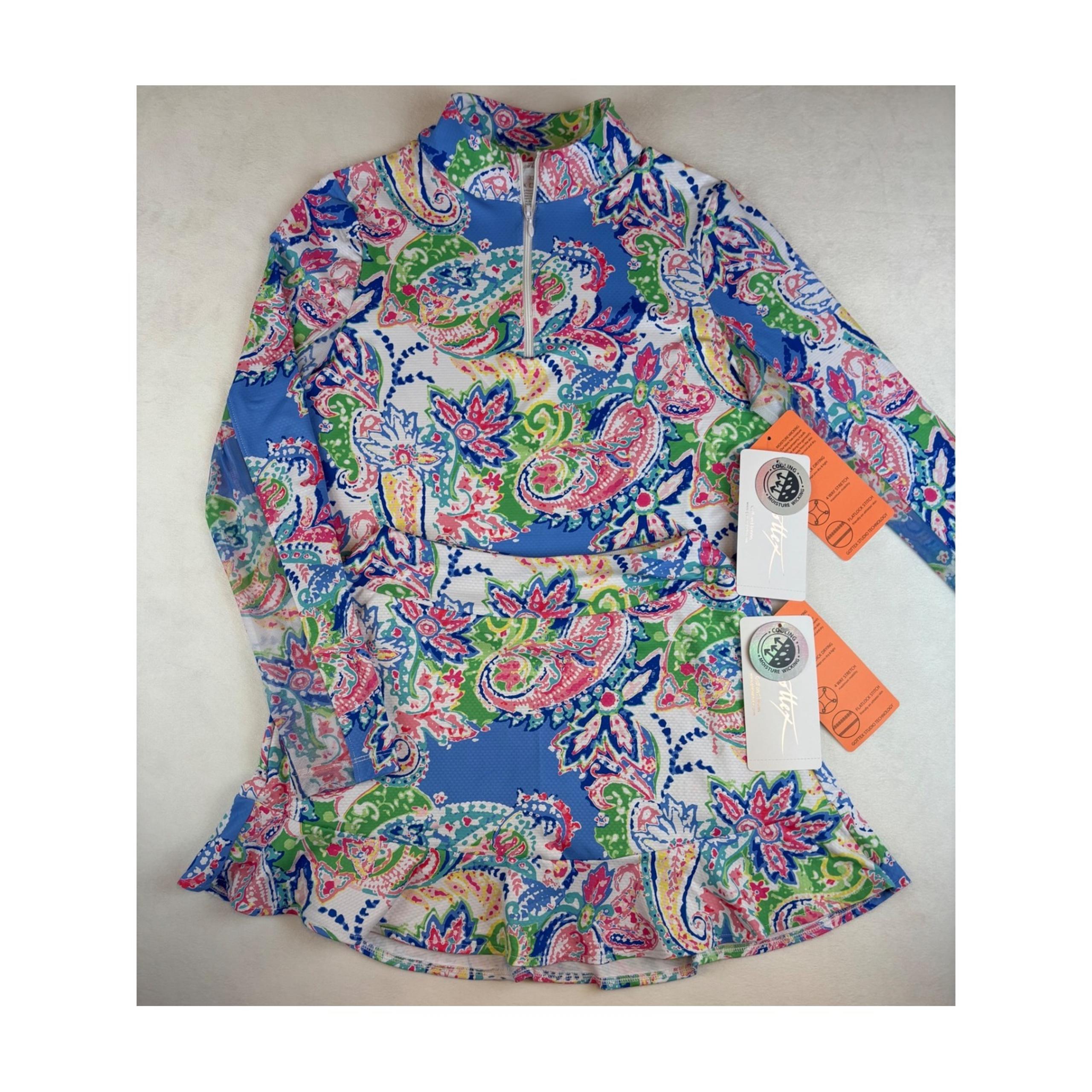 Golf 2 piece Outfit Set Tennis Top Long Sleeve & Skort Paisley XS New NWT - Gottex