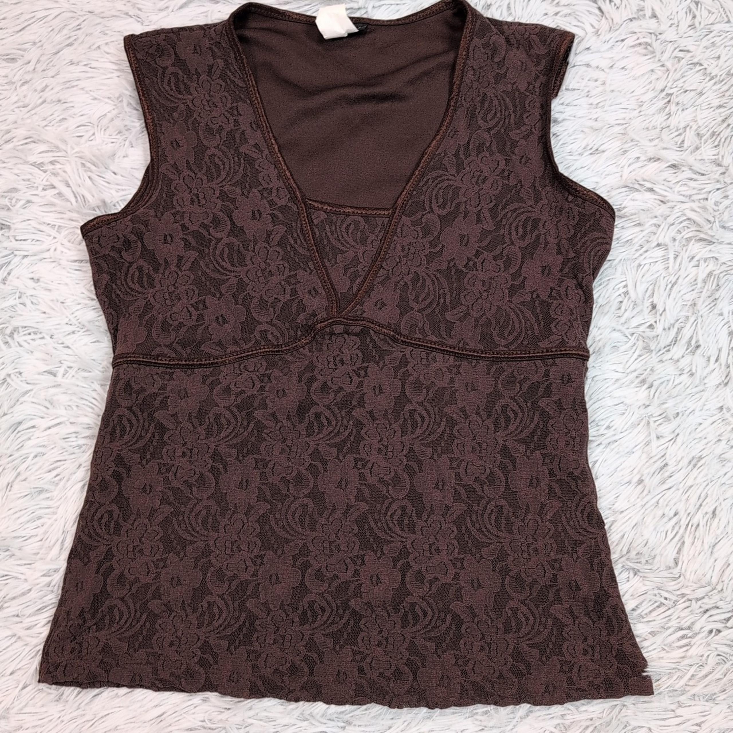 Vintage Langents Shirt Womens S Brown Floral Lace Blouse Sleeveless Casual