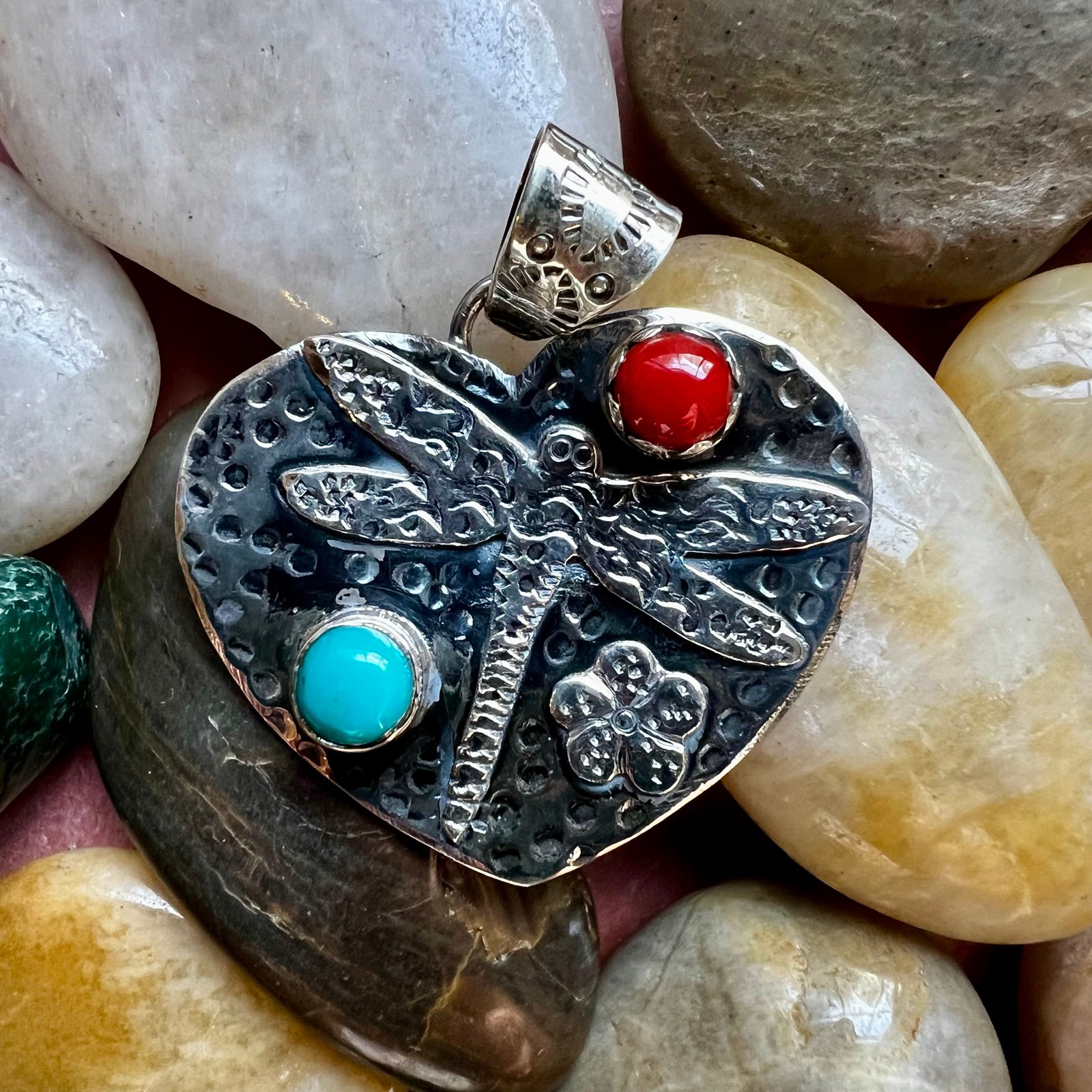 Handcrafted Southwestern Sterling Silver Heart & Dragonfly Pendant