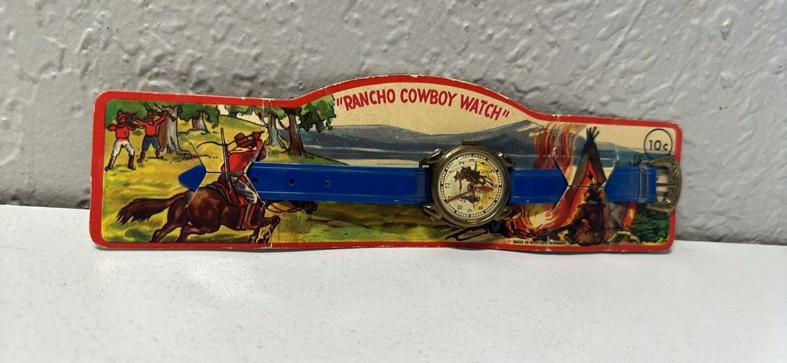 vintage RANCHO COWBOY WATCH ON ORIGINAL CARD Rare Blue Band