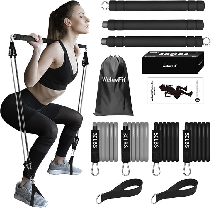 Plates Bar Kit with Resistance Band-Multifunctional Portable Weighted Exercise