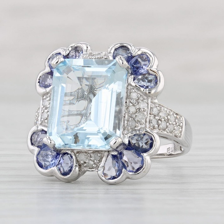 6.29ctw Aquamarine Tanzanite Cocktail Ring 14k White Gold Size 8.25