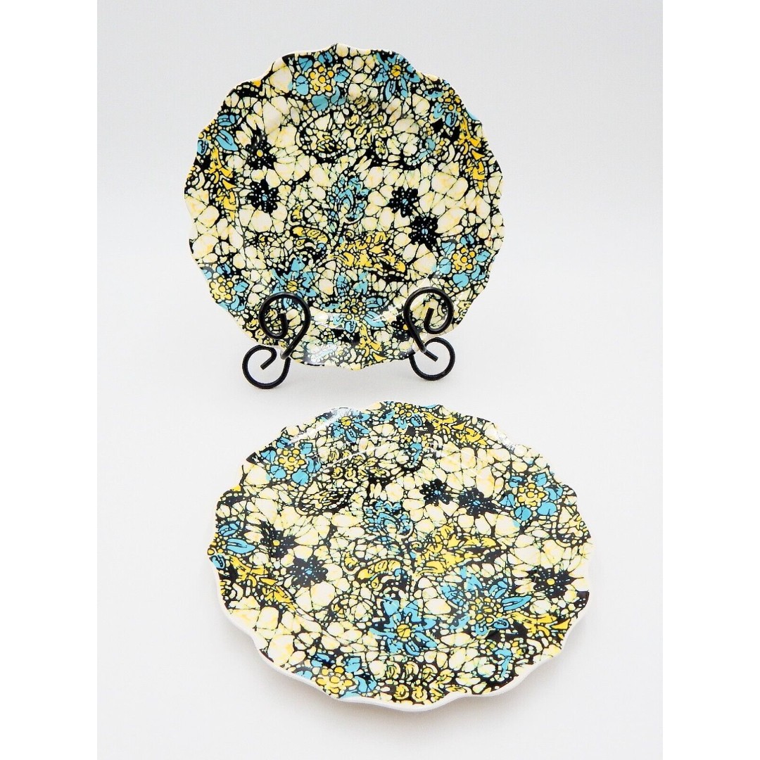 Anthropologie Web Floral Mosaic Scallop Salad Plate 8 Inch Aqua/Blue/Yellow 2 PC