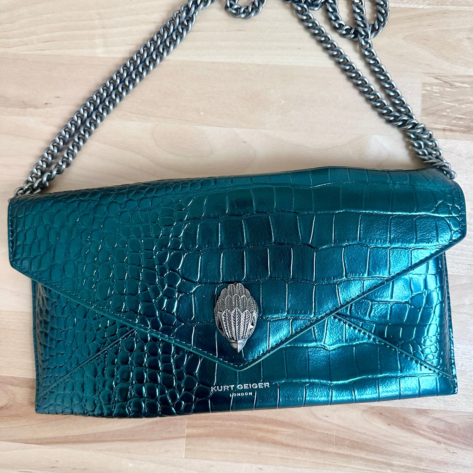 Kurt Geiger London Shoreditch Flat Leather Envelope Clutch Green Metallic