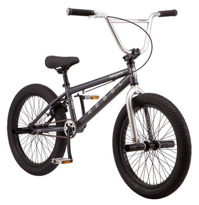 Mongoose Rebel X1 BMX Bike with 4 Axle Pegs, 20 Wheels, 1 Speed, Gray