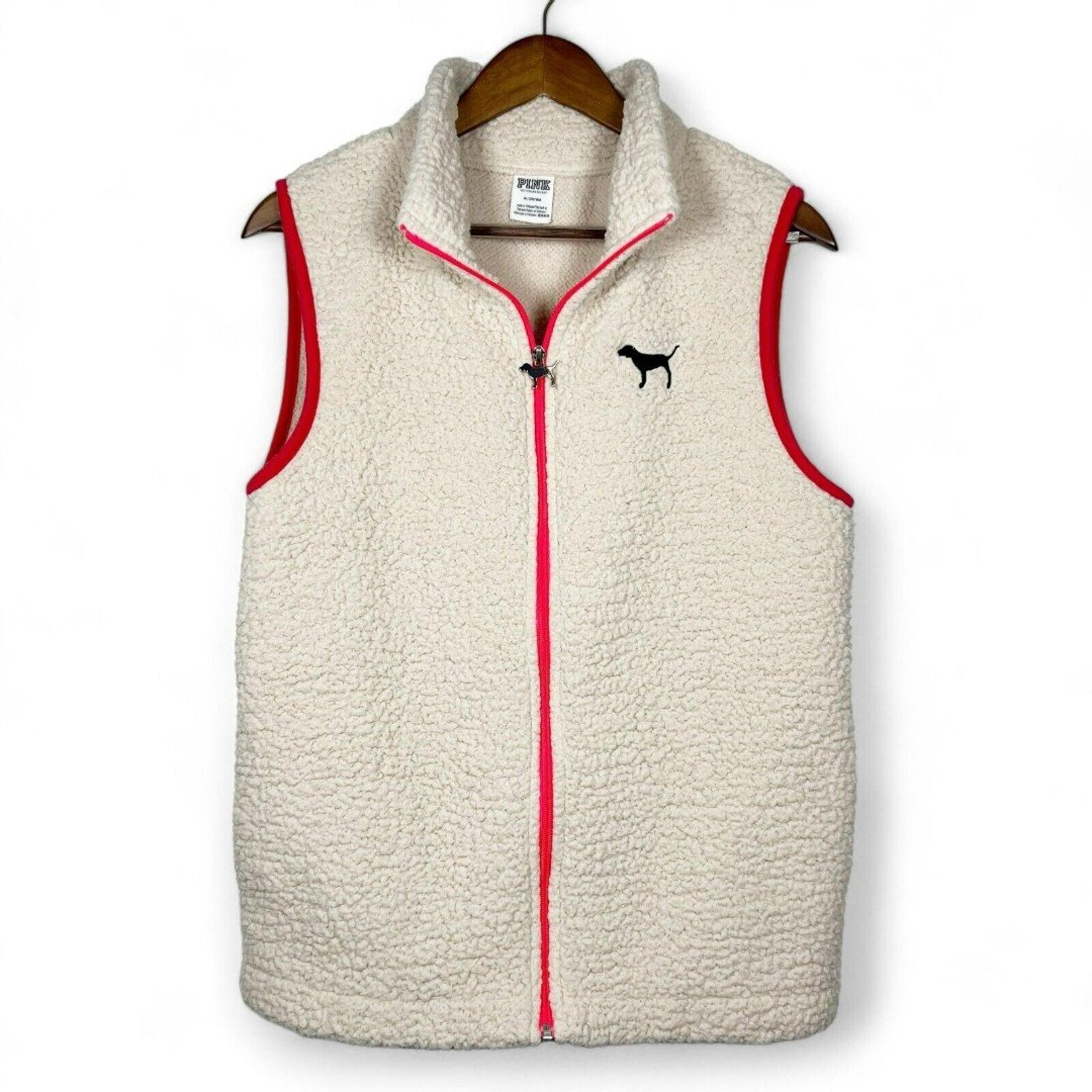Victoria's Secret Beige Cream Sherpa Full Zip Vest Dog Logo Women's Medium