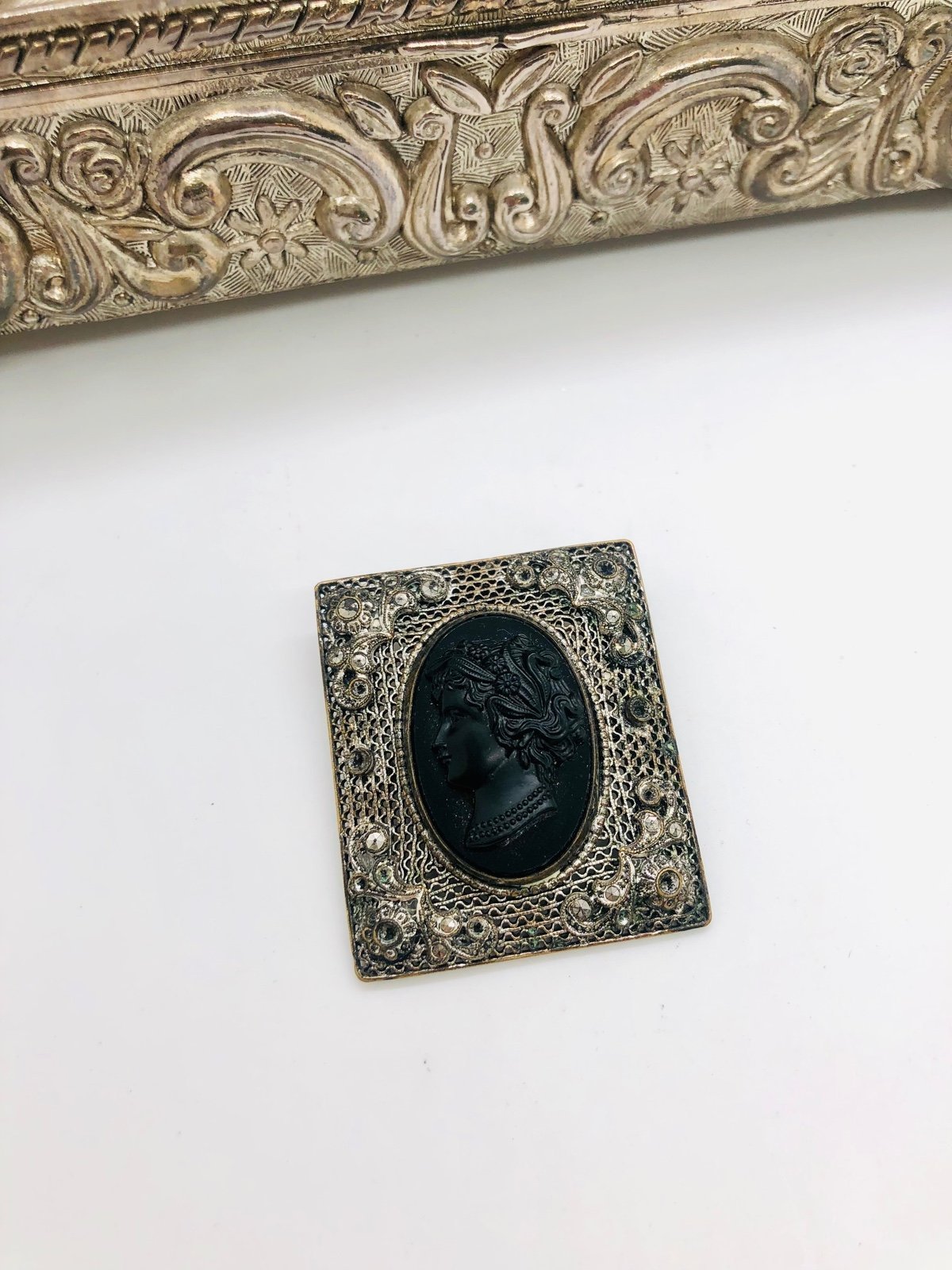 Antique Silver Cameo Black Brooch