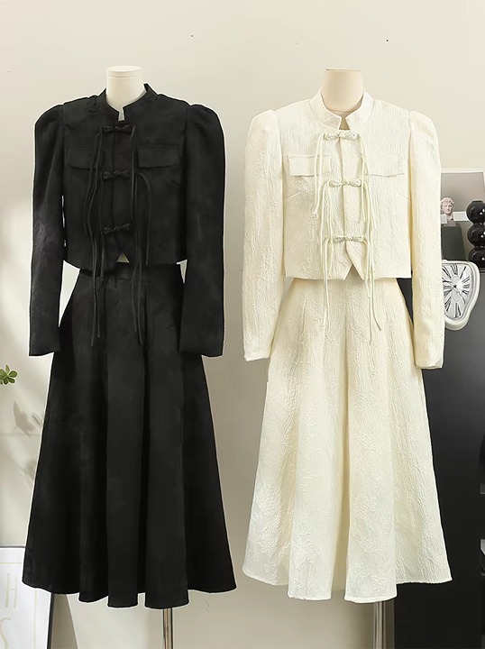 Vintage button-down long-sleeved shirt set skirt fall A-line skirt two-piece se