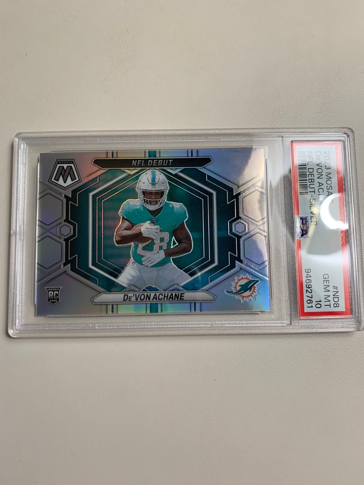 PSA 10 Gem Mint De’Von Achane Panini Mosaic Silver Prizm Rookie card RC