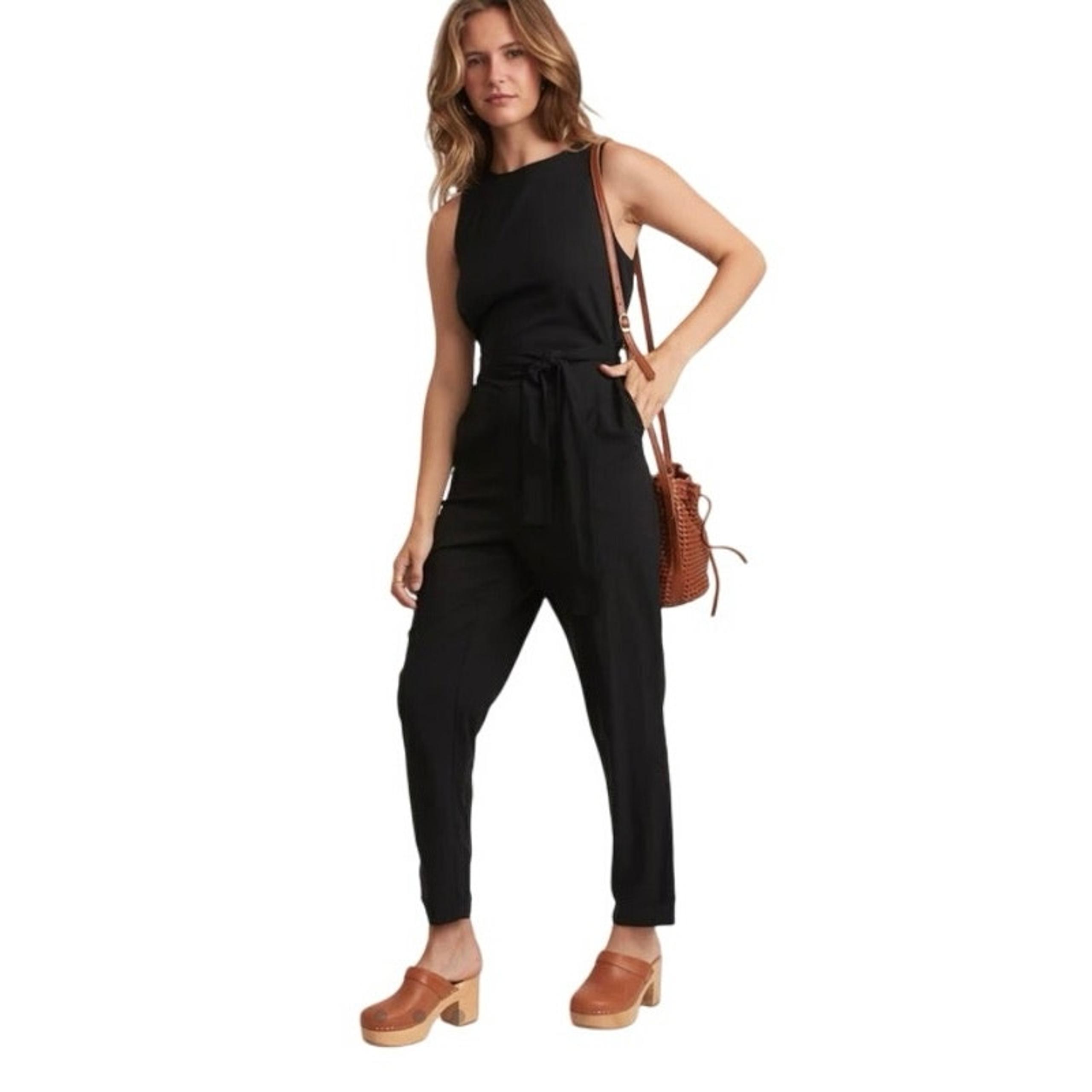 Marine Layer Eloise Belted Jumpsuit Women Small Black Matte Tie Back Boho