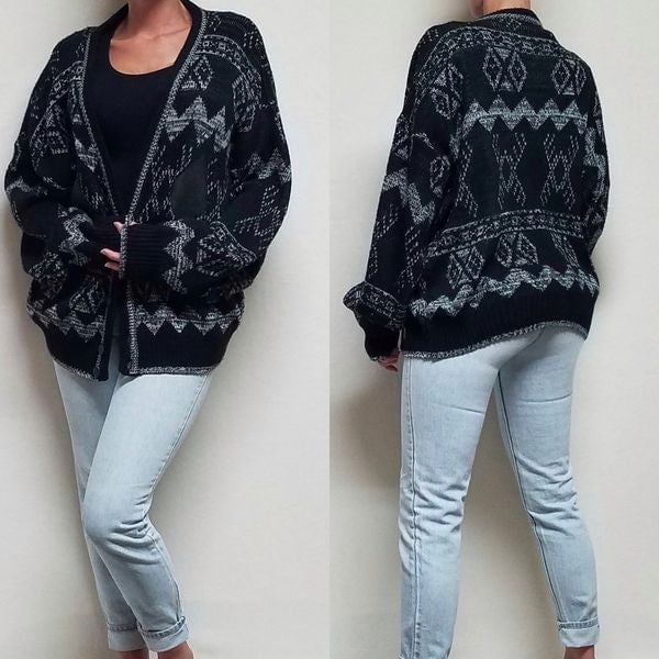 Vintage Chartwell Black Gray Knit Leather Trim V-neck Funky Pull-over Cardigan