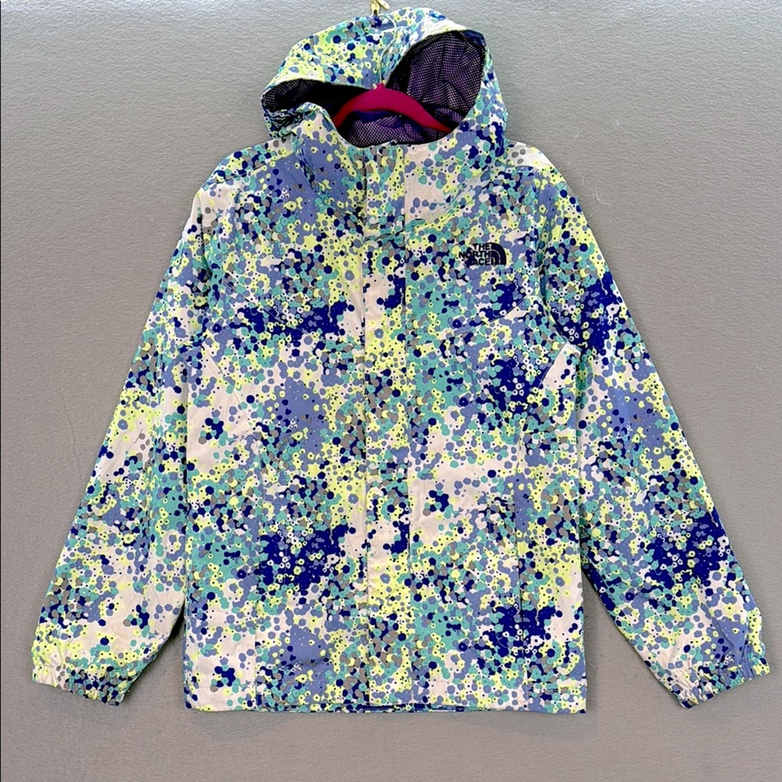 The North Face Girl Blue/ white Floral DryVent hooded Raincoat full zip Jacket M