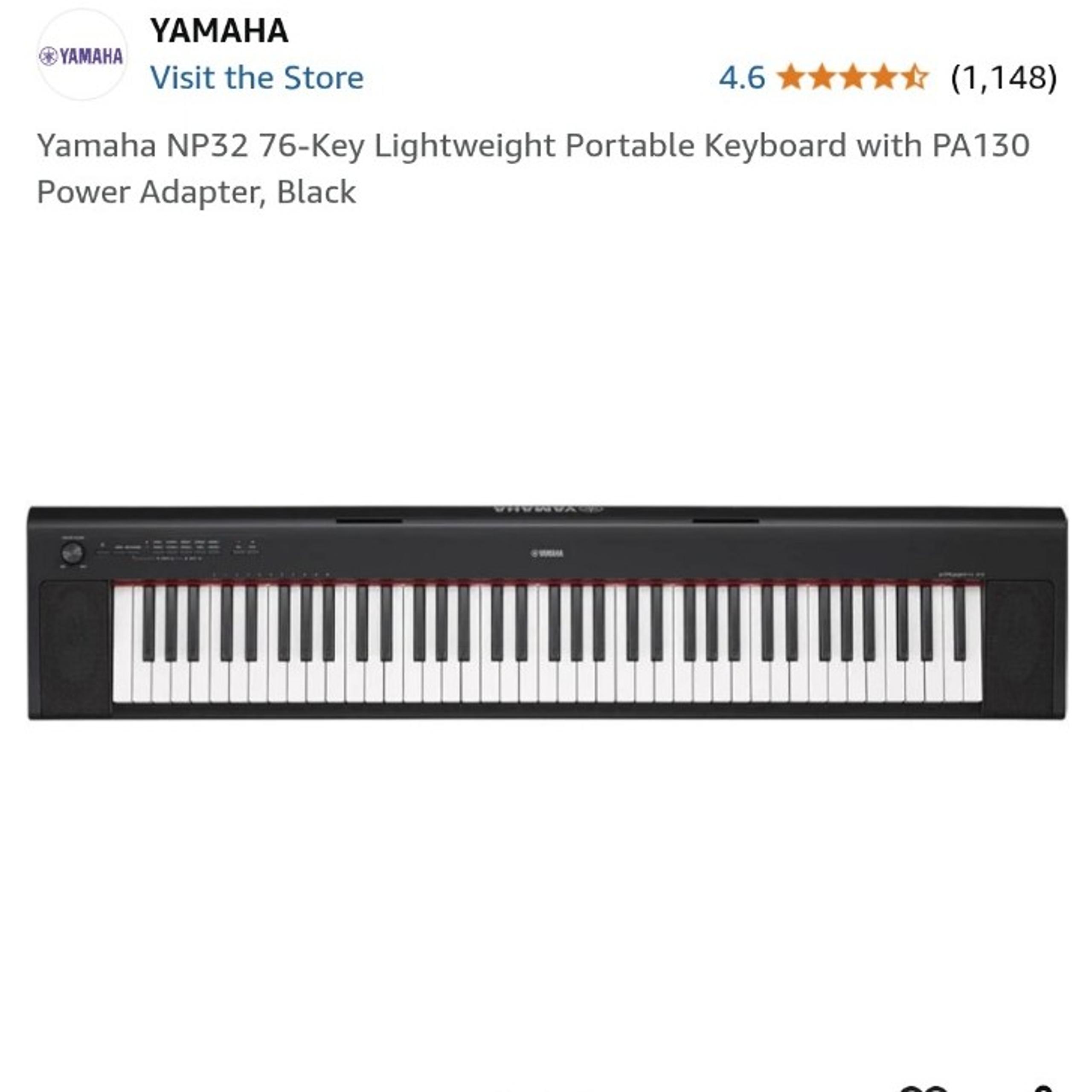 Yamaha NP32 76-Key Lightweight Portable Keyboard with PA130 Power Adapter, Black