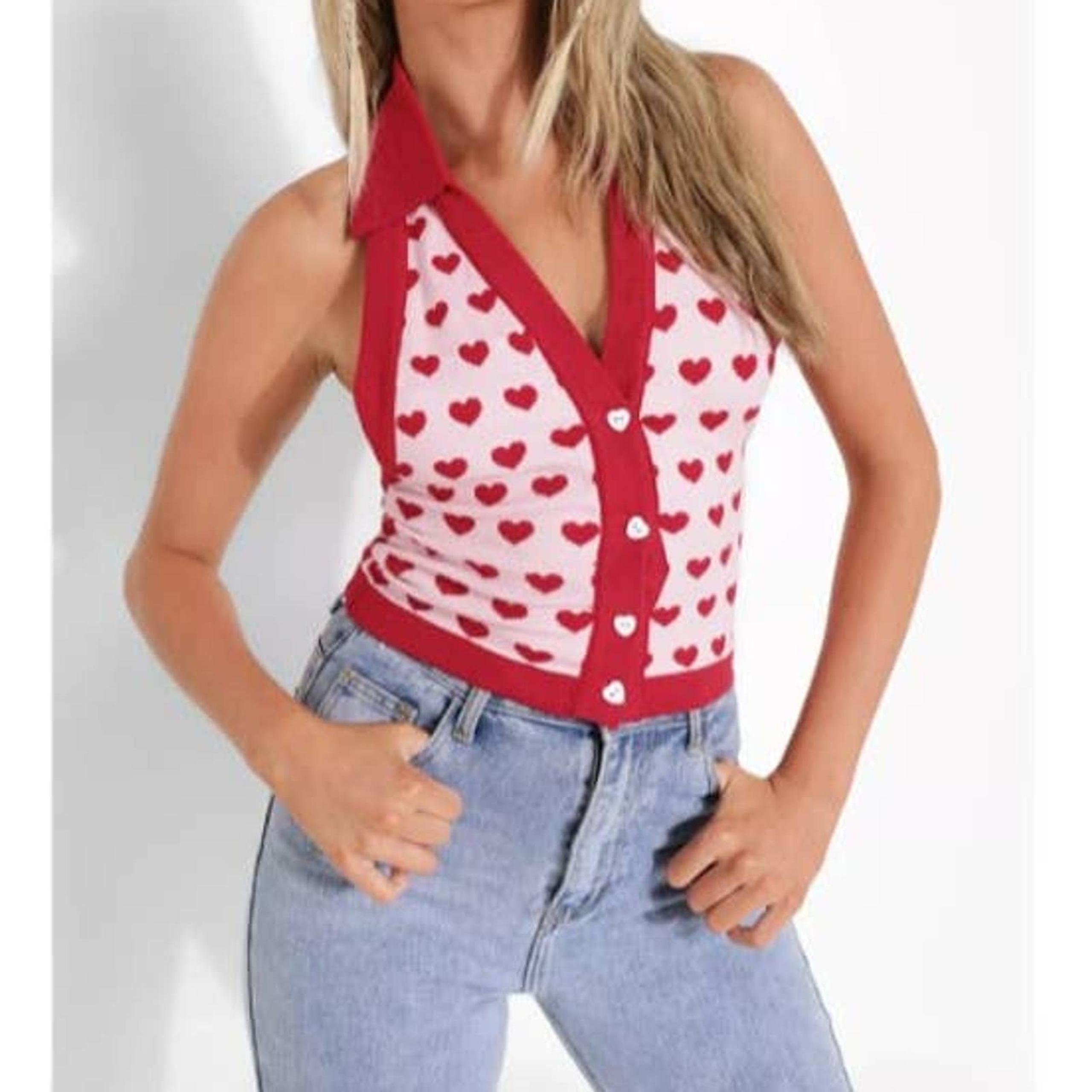 boohoo Heart Print Knitted Halter neck Top NEW Women's Size M