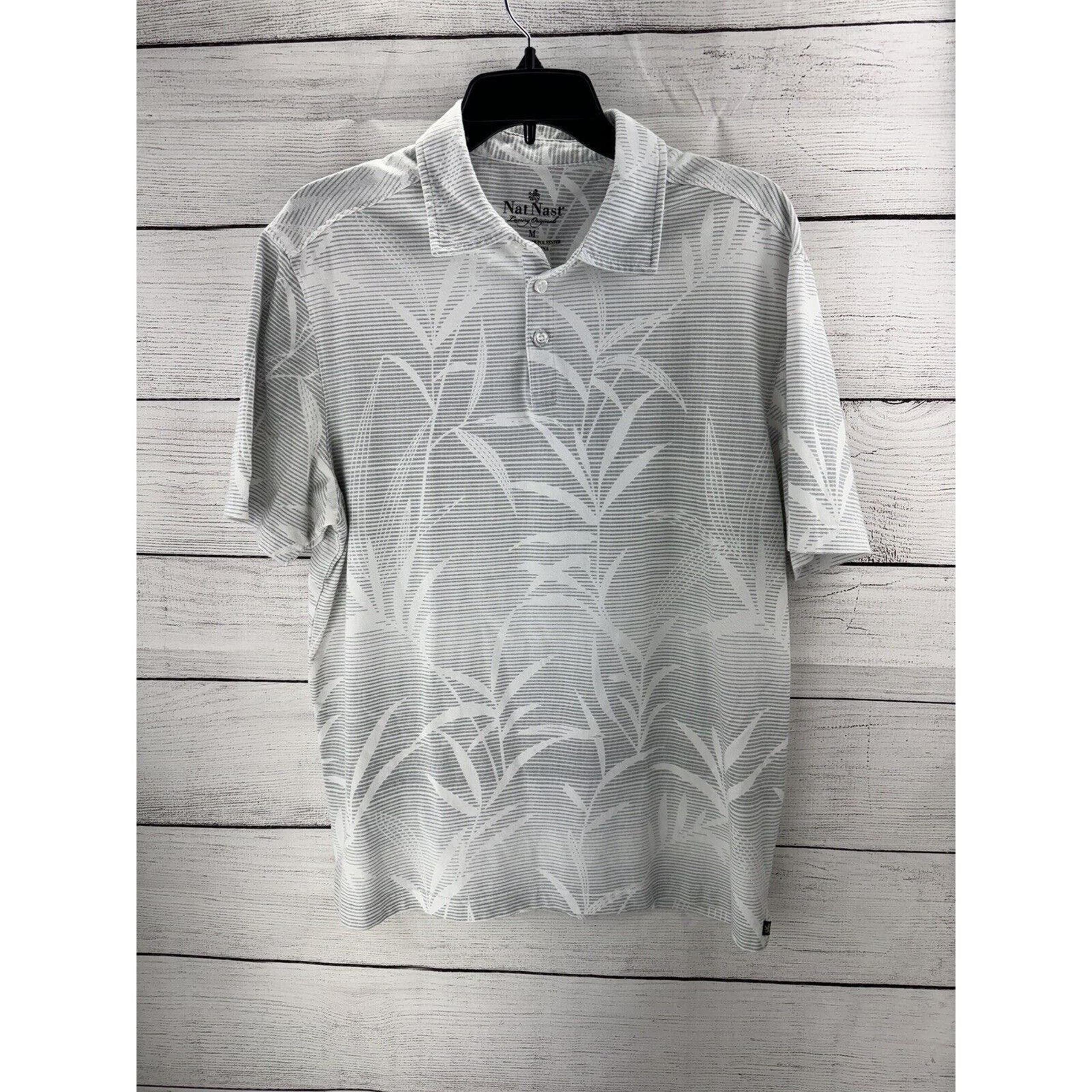 Nat Nast Polo Shirt Luxury Originals Medium Palm Floral Striped White Gray