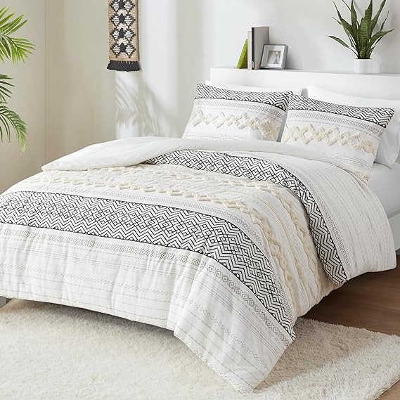 Bedding Comforter Sets King,Jacquard Stripes, Ivory Boho -fk9