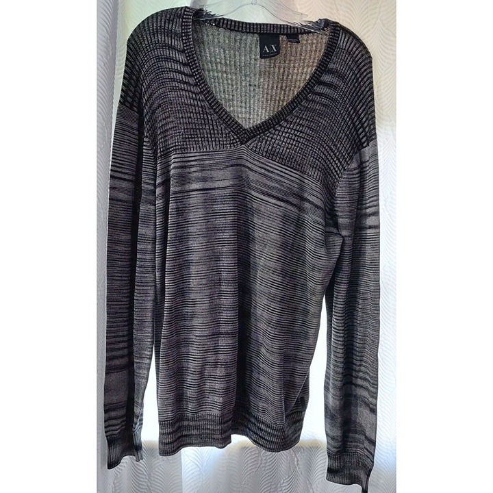 Armani Exchange Gray Knit Men's Sweater Size XL V Neck Gray Black Striped