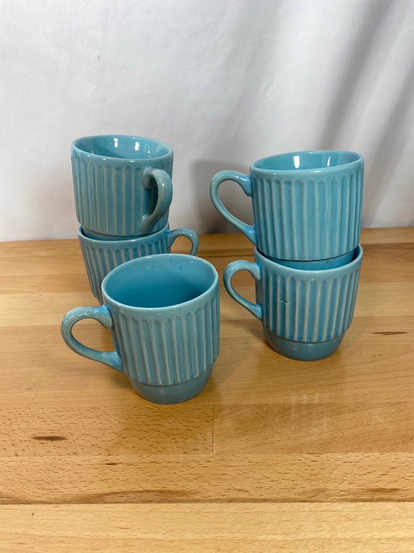 Vintage Blue Ceramic Stackable Ribbed Coffee Mugs