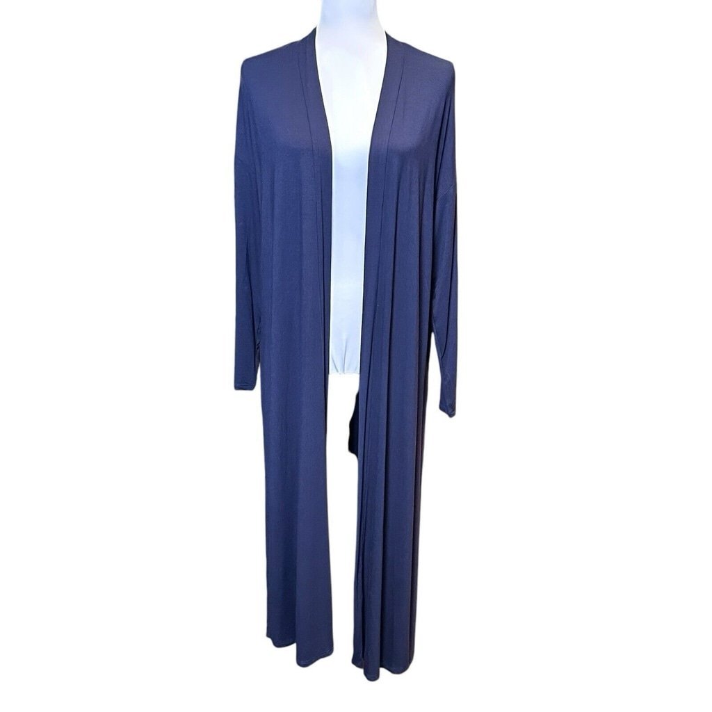 Eileen Fisher Blue Long Line Open Front Cardigan Jersey Viscose Side Slit Small