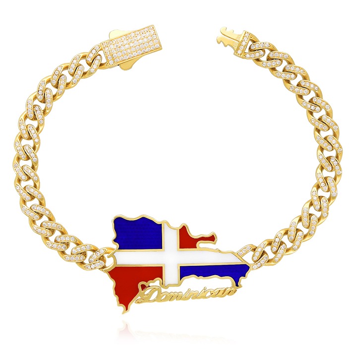 14K Yellow Gold Simulated Diamond Dominican Republic Flag Miami Bracelet 8