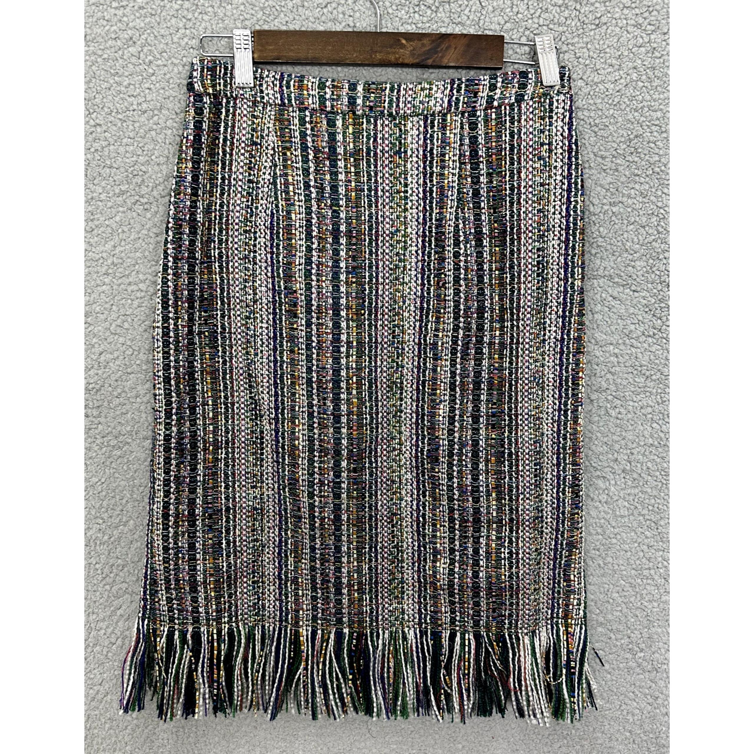 Maeve Anthropologie Tweed Pencil Skirt Womens 4 Multicolor Green Fringe Boho