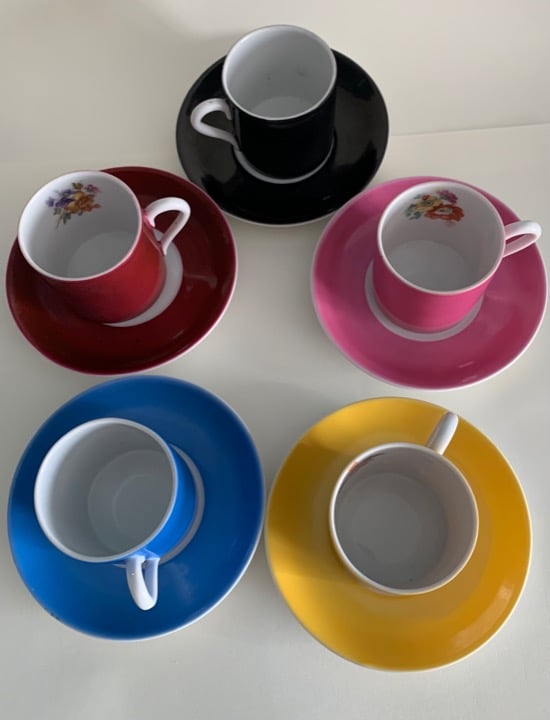 Mini Vintage Hungarian Tea Cups & Saucers - Made In Hungary Colorful Tea Set of
