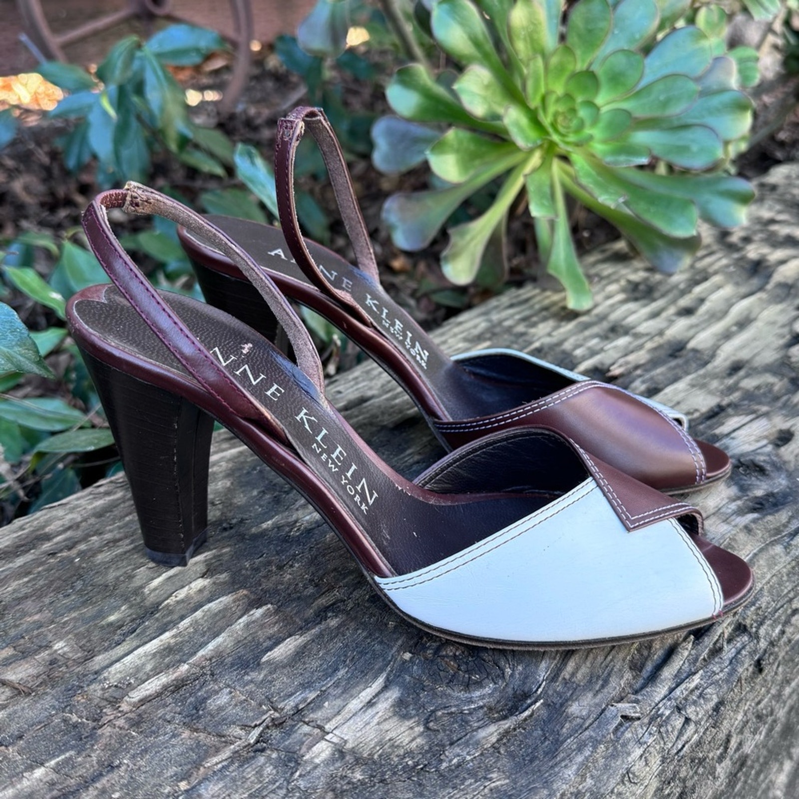 Anne Klein Peep Toe Slingback Brown White Colorblock Italy Heels Women’s Size 6M