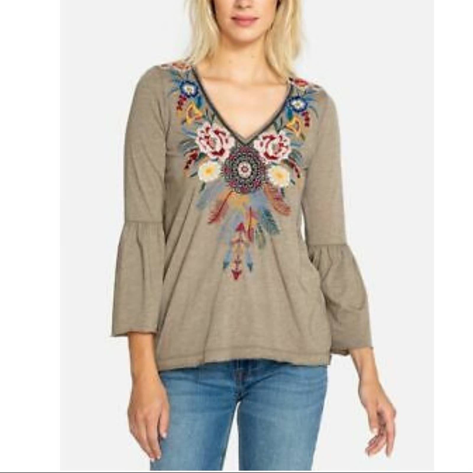 Johnny Was JWLA Darielle V Neck Flute Sleeve Tee Top New Boho Chic J18118 Johnny Was JWLA Darielle V Neck Flute Sleeve Tee Top New Boho Chic J18118